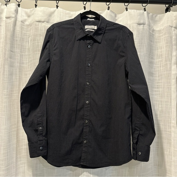 Calvin Klein Button Down Shirt Men's Large Black White Stripes Modern Fit - Picture 1 of 13